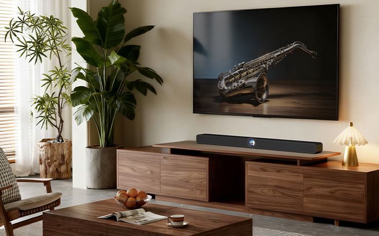 The WiiM Soundbar on a wooden sideboard with a tv mounted on the wall above it