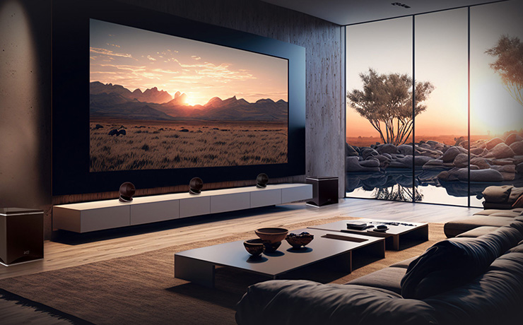 CAbasse iO3 speakers on a low unit beneath a cinema sized screen in a living area with low tables and a large sofa