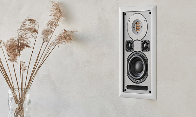 Audiovector InWall speaker.  There's a vase to the left of the image with dried large grass heads inside.