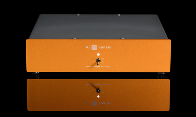 Vertere Phono-1 Phono Preamplifier with an orange front.  View of front and top, reflected.