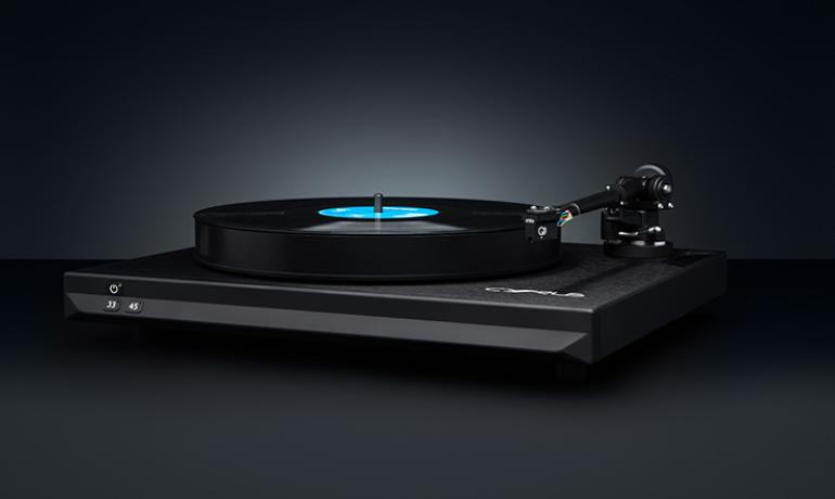 The Cyrus TTP Turntable on a black background