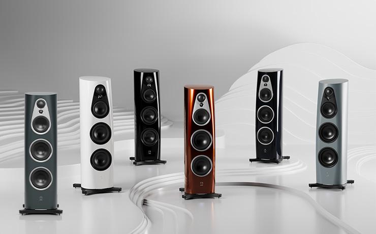 Linn 360 speaker family - one in each of the six finishes