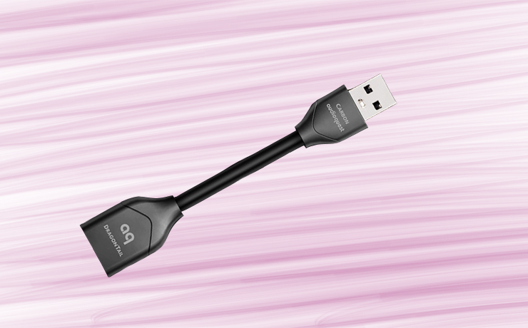 AudioQuest DragonTail USB A 2.0 Extender on a pink background