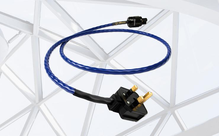 Nordost Blue Heaven Power Cable.  Background: pexels-adrien-olichon-3137080 which is a criss-cross metal roof with glass.
