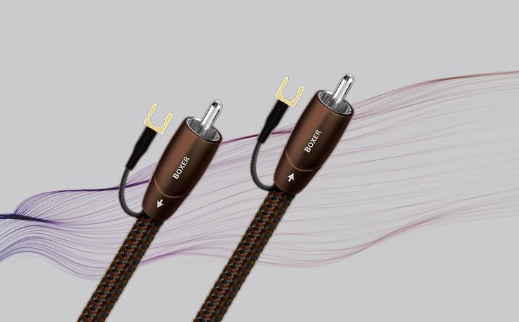 AudioQuest Boxer Subwoofer Cable.  Background is grey with wavy colourful lines.