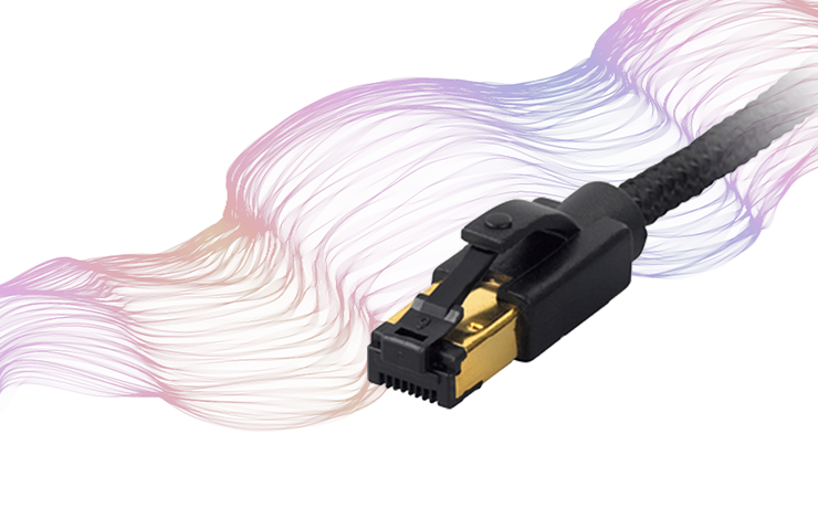 Melco C1A Lan Cable with thin, colourful wavy lines in the background