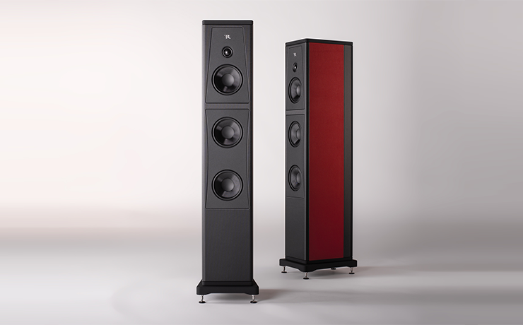A pair of Rosso Fiorentino Certaldo II Loudspeakers.  One facing front on and the other side-on.