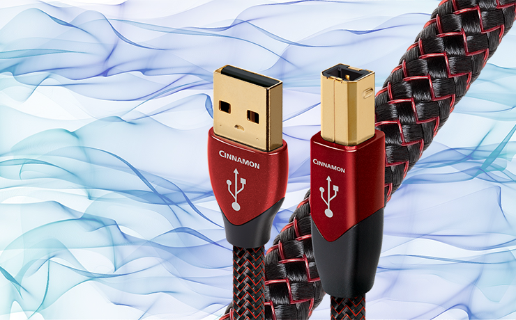 AudioQuest Cinnamon USB Cable.  Background is blue and green ribbon like