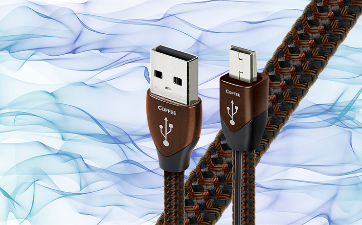 AudioQuest Coffee USB Cable.  Background is blue and green ribbon like