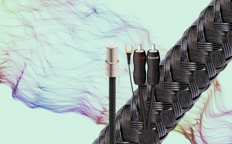 AudioQuest Cougar Tonearm Cable.  Background is wavy, coloured lines.