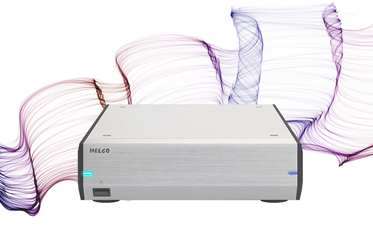 Melco E100 Expansion Storage Drive with wavy colourful lines in the background