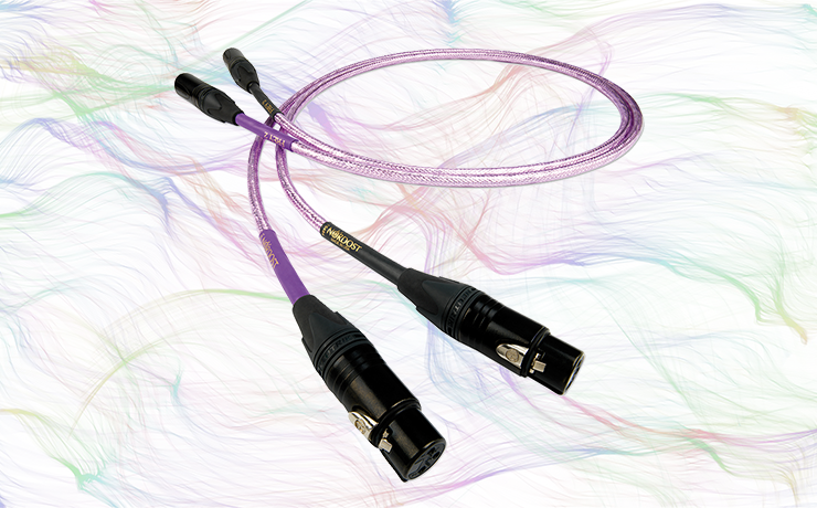 Nordost Frey 2 Analogue Interconnect Cable on a background of thin wavy coloured lines