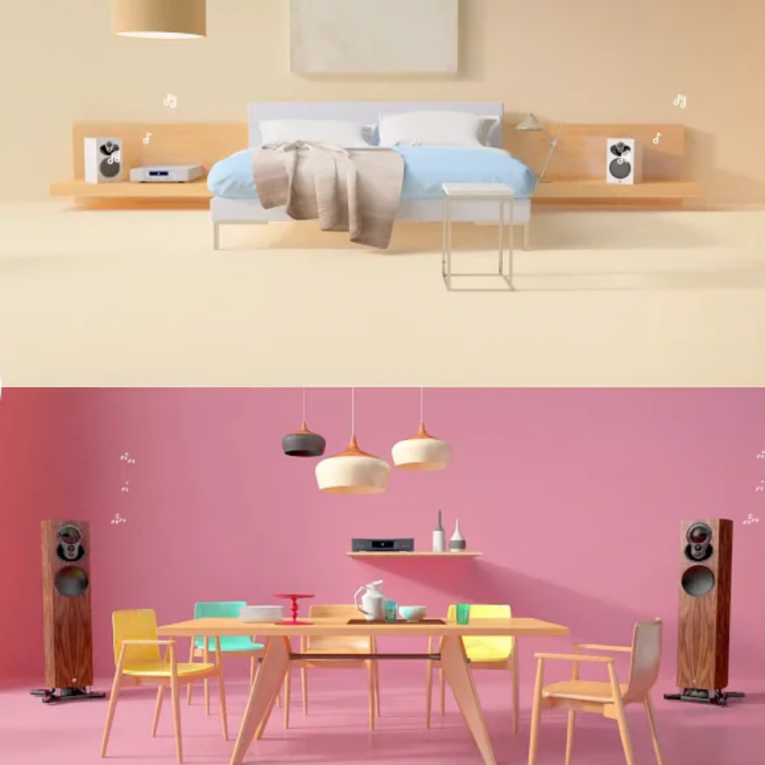 Two photos.  One of a bedroom with a bed and a pair of Majik 109 loudspeakers.  The other of a dining room with a pair of Akubarik Exakt Loudspeakers.  Each room has a Linn Digital Music Source.