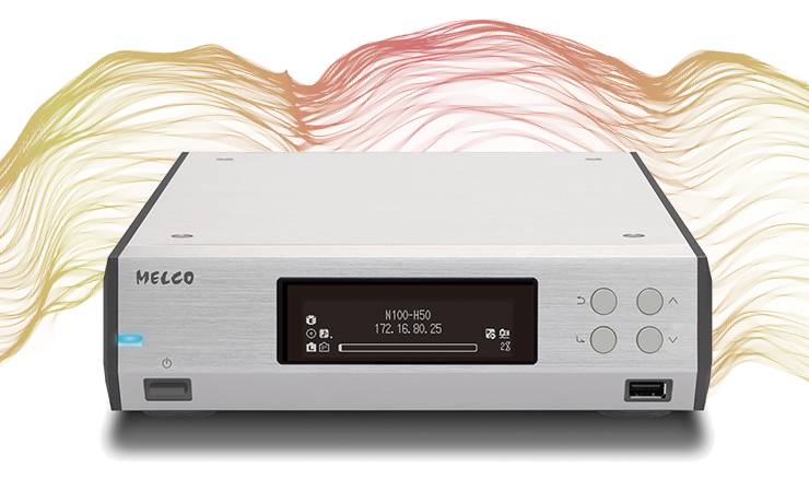 Melco N10 - HiRes Two Box Music Library in silver. on a colourful background