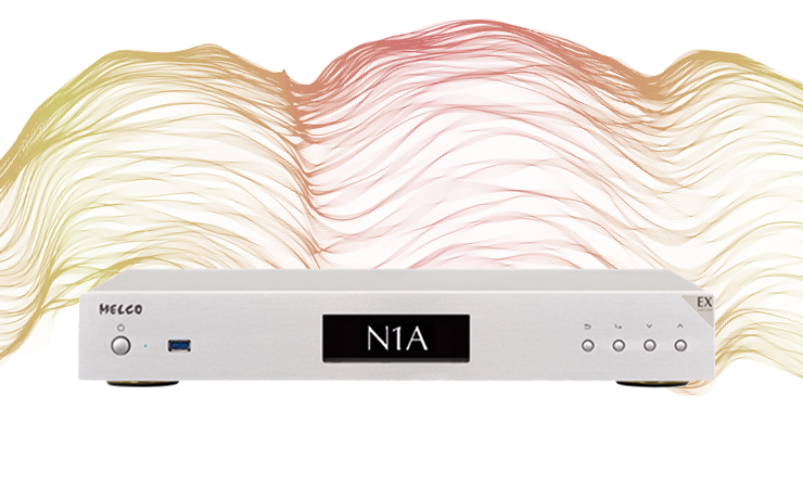 Melco N1A/2EX Music Library on a wavy colourful background