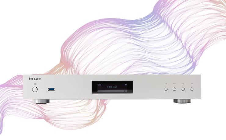 Melco N50 in silver with wavy coloured lines in the background