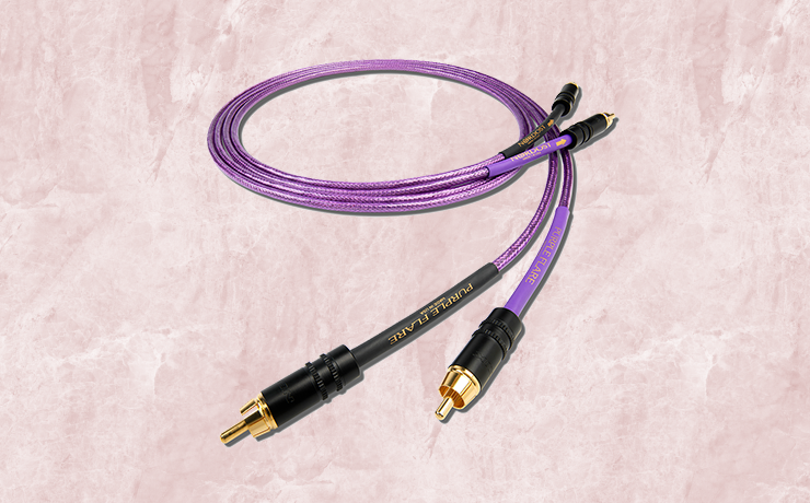 Nordost Purple Flare Analogue Interconnect.  Background is a salmon marble pattern.