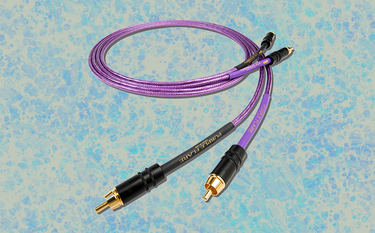 Nordost Purple Flare Analogue Interconnect Cable on a blue splodgy background