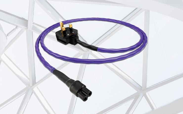 Nordost Purple Flare Power Cable.  Background: pexels-adrien-olichon-3137080 which is a criss-cross metal roof with glass.