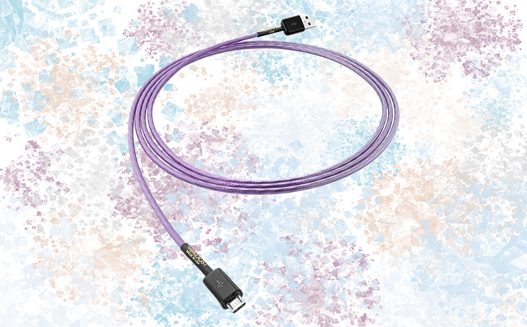 Nordost Purple Flare USB 2.0 Cable on a background of muted, colourful splodges