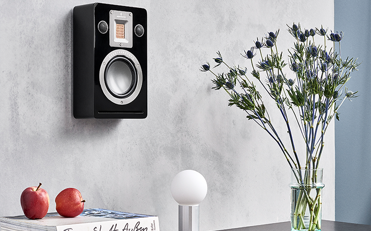 Audiovector QR Wall Loudspeaker in black mounted on a grey wall above a table that has a vase of thistles, a stack of books and a tennis ball style light.