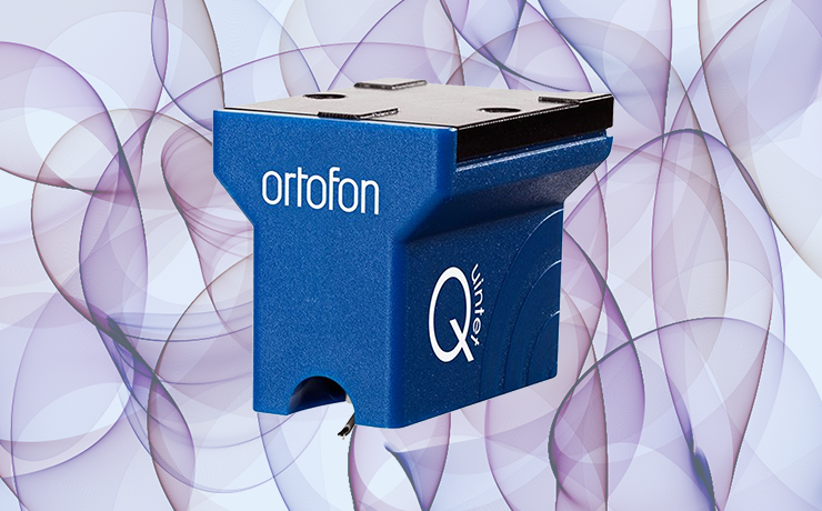 Ortofon Quintet Blue Cartridge.  Background is purple coloured, ribbon like lines
