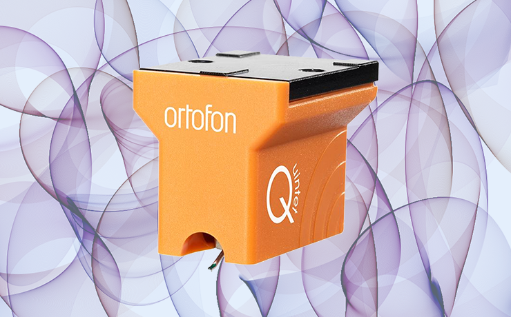 Ortofon Quintet Bronze Cartridge.  Background is purple coloured, ribbon like lines