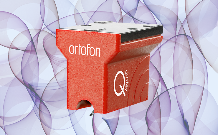 Ortofon Quintet Red Cartridge.  Background is purple coloured, ribbon like lines.