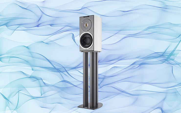 Audiovector R1 Avantgarde Loudspeaker with a background of wavy, ribbon lines of green and blue