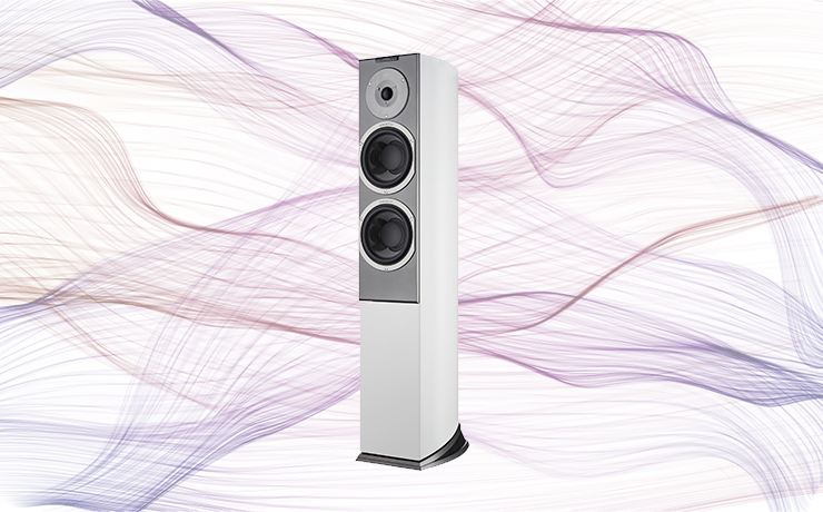 Audiovector R3 Signature Loudspeaker in white with a background of thin wavy purple and amber lines