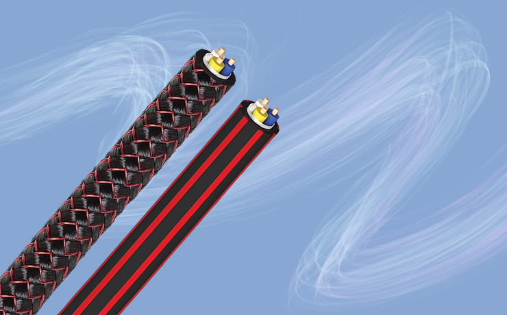 AudioQuest Red River Analogue-Audio Interconnect Bulk Cable.  Background is blue with white wavy lines.