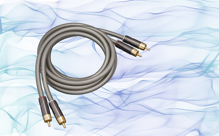 Linn Silver RCA Interconnects on a blue background.