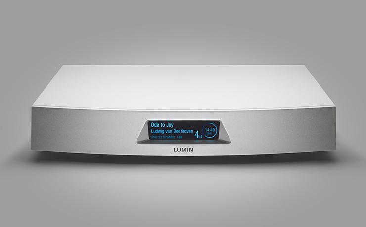 Lumin T3 Network Music Player in silver viewed front and top on a grey background.