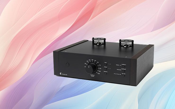 Project Tube Box DS2 Phono Preamplifier on a background of pastel waves