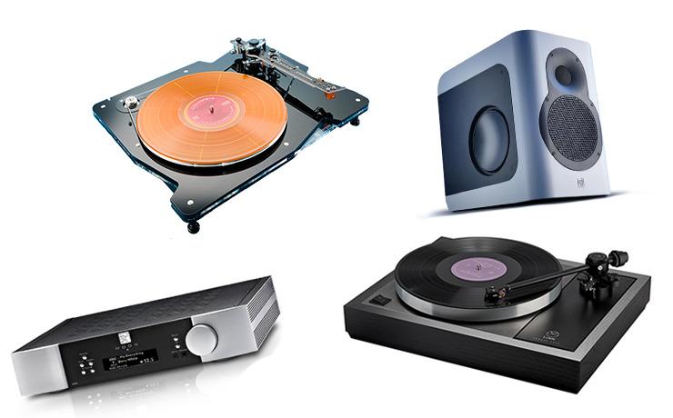 The products listed pictured on a white background.  The Vertere turntable has an orange record on it and the Kii Three speaker is in a pale blue/grey colour