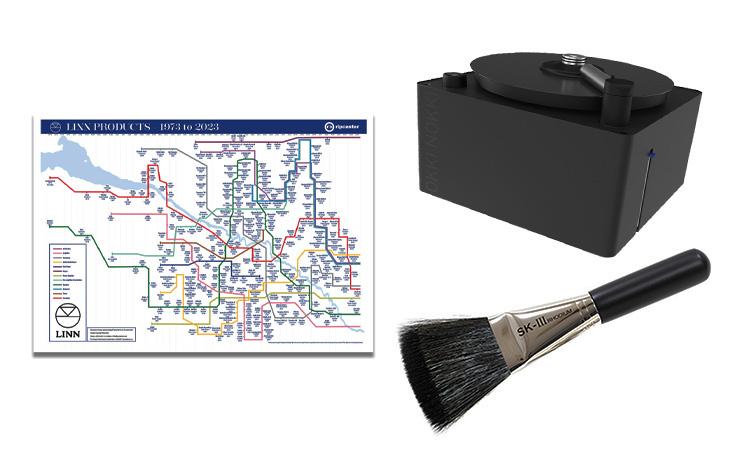 A tube map style map of Linn product history.  A black box with a kind of turntable on top which cleans records and a short, wide brush on a white background.