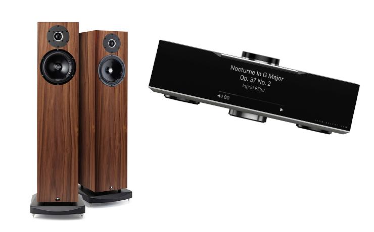 A pair of Kudos Super 20A speakers in walnut and a Selekt DSM in silver