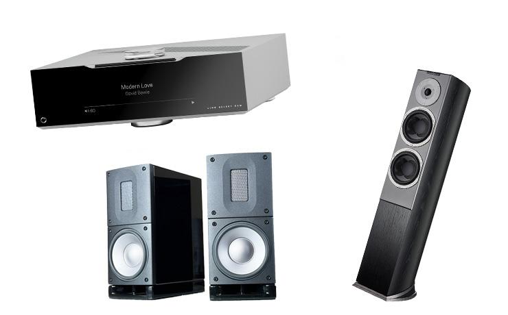The Audiovector speakers in black, the Raidho speakers in black and the Linn DSM in silver.  All on a white background