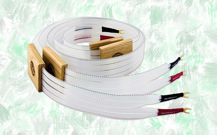 Nordost Valhalla 2 Speaker Cables.  Background is painted splodges of green and grey.