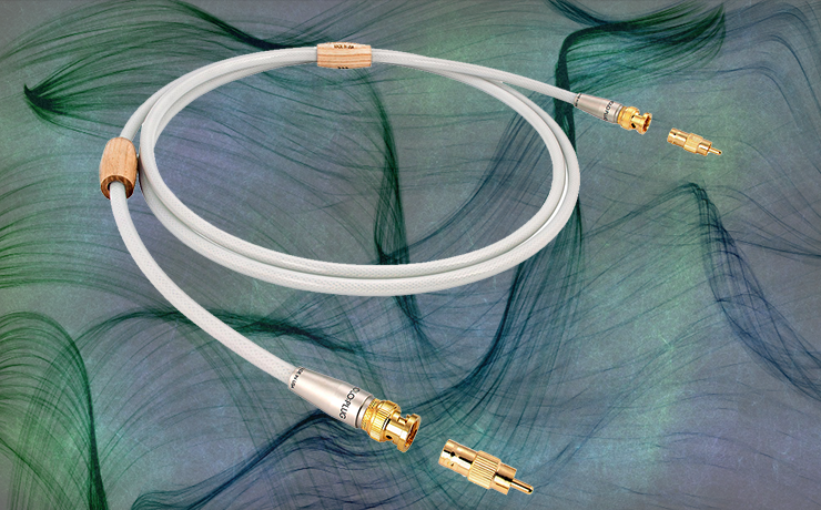 Nordost Valhalla 2 Digital Cable (75ohm) on a grey background with green thin wavy lines.