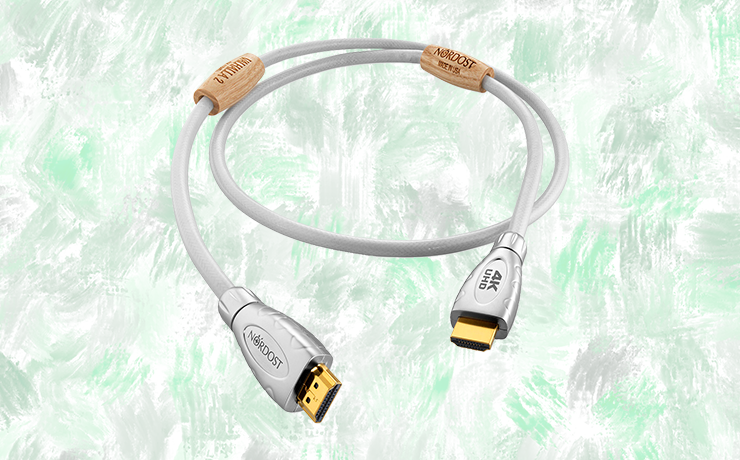 Nordost Valhalla 2 4K UHD Cable.  Background is painted splodges of green and grey.