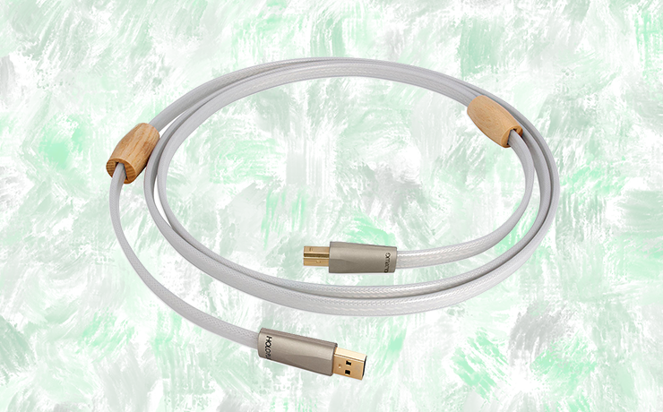 Nordost Valhalla 2 USB 2.0 Cable.  Background is painted splodges of green and grey.