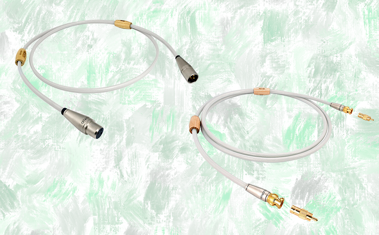 Nordost Valhalla 2 Digital Cables: 75ohm and 110ohm.  Background is painted splodges of green and grey.