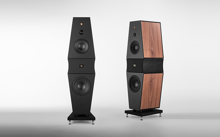 A pair of Rosso Fiorentino Volterra Loudspeakers in walnut.  One visible front on and other visible from the side