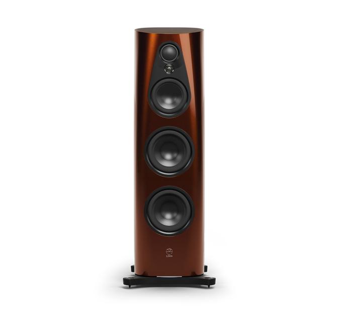 Linn 360 speakers in a high gloss dark amber colour