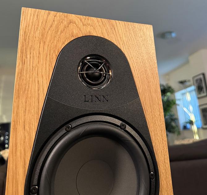 A pair of oak Linn 119 Loudspeakers in the ripcaster showroom