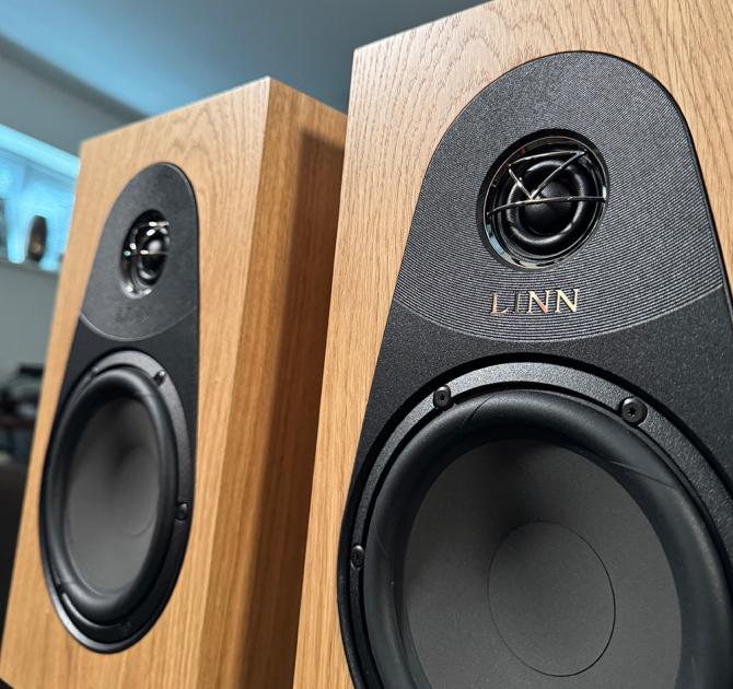A pair of oak Linn 119 Loudspeakers in the ripcaster showroom
