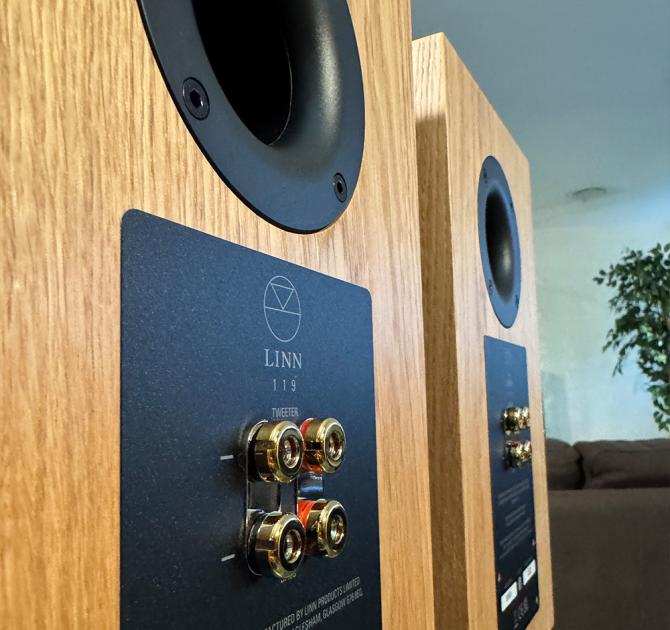 A pair of oak Linn 119 Loudspeakers in the ripcaster showroom