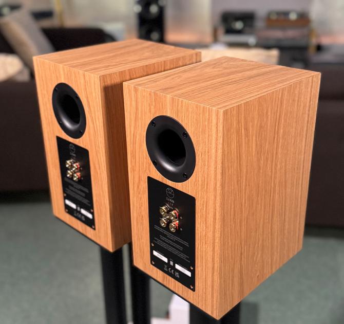 A pair of oak Linn 119 Loudspeakers in the ripcaster showroom