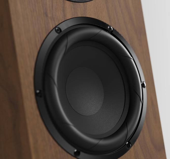 Linn 150 speaker in walnut - close-up view